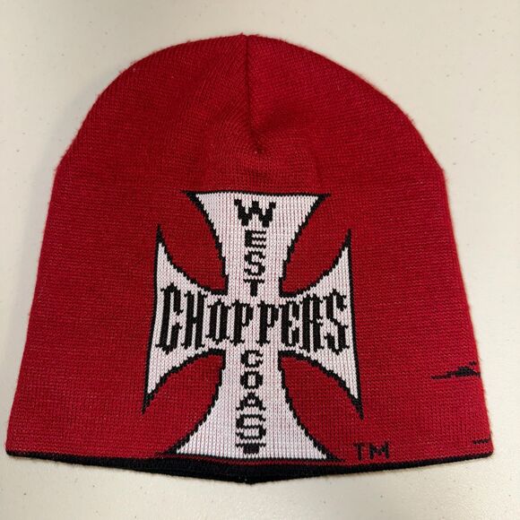 Vintage West Coast Choppers Hat Iron Cross Knit Jesse James Beanie Cap Red Biker - Picture 1 of 4